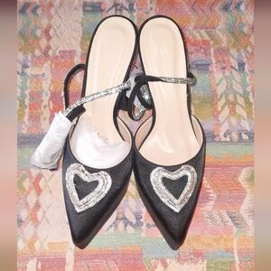 Chunky Platform Elegant Black Slingback Heels with Heart Embellishments 9.5